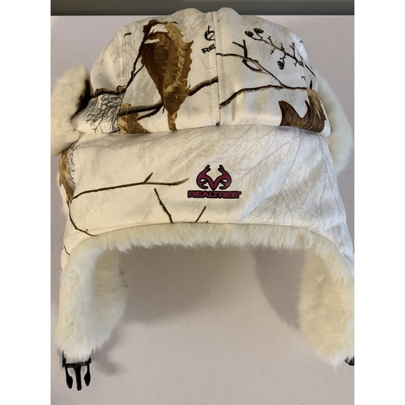 Realtree Snow Camo Trapper Hat White Faux Fur Aviator Bomber Ski Snowboard - Picture 3 of 10